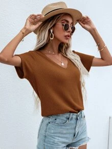 SHEIN LUNE Waffle Knit V Neck Solid Tee - Rust Brown - View 1