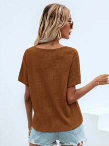 SHEIN LUNE Waffle Knit V Neck Solid Tee - Rust Brown - View 2