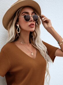 SHEIN LUNE Waffle Knit V Neck Solid Tee - Rust Brown - View 4