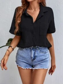 Chiquease 捲邊袖前口袋紋理質感針織襯衫 - 黑色 - 查看 1