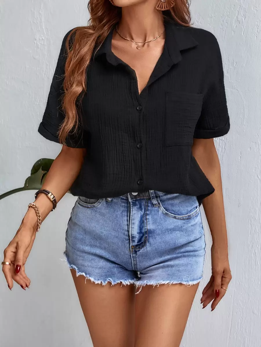 Chiquease 捲邊袖前口袋紋理質感針織襯衫 - 黑色 - 查看 1