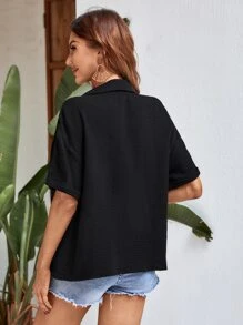 Chiquease 捲邊袖前口袋紋理質感針織襯衫 - 黑色 - 查看 2