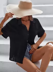 Chiquease 捲邊袖前口袋紋理質感針織襯衫 - 黑色 - 查看 5