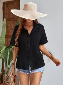 Chiquease 捲邊袖前口袋紋理質感針織襯衫 - 黑色 - 查看 6