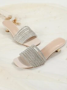 Spring/Summer Rhinestone Decor Heeled Mule Sandals,Sexy Party Drinking High Heel Sandals. - Apricot - View 2
