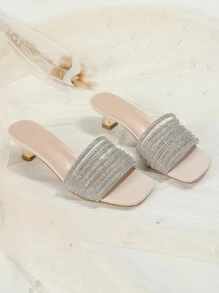 Spring/Summer Rhinestone Decor Heeled Mule Sandals,Sexy Party Drinking High Heel Sandals. - Apricot - View 3