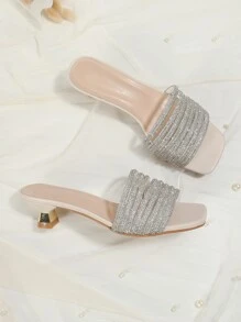 Spring/Summer Rhinestone Decor Heeled Mule Sandals,Sexy Party Drinking High Heel Sandals. - Apricot - View 5