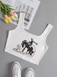 SHEIN EZwear Figure And Horse Print Crop Tank Top - White - View 1
