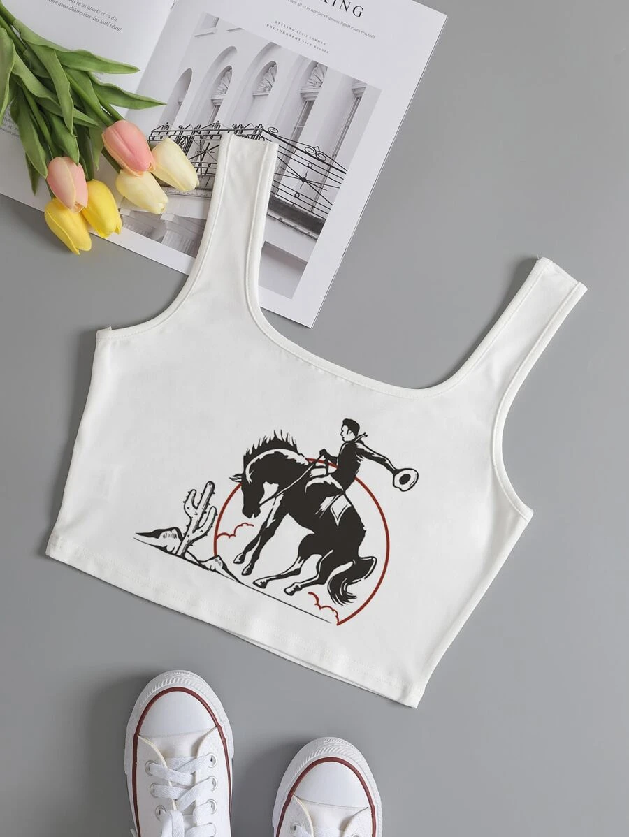 SHEIN EZwear Figure And Horse Print Crop Tank Top - White - View 1
