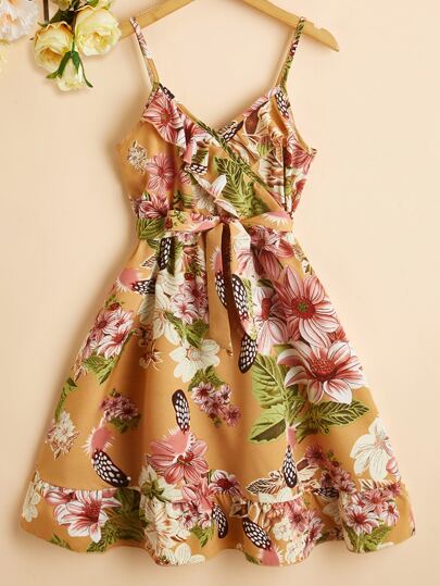Girls Floral Print Ruffle Trim Belted Cami Dress