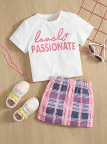 SHEIN Young Girl Letter Graphic Tee & Plaid Print Skirt