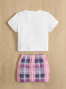 SHEIN Young Girl Letter Graphic Tee & Plaid Print Skirt