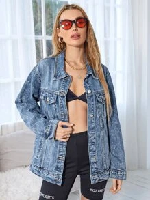 Áo khoác & áo khoác denim nữ Túi Nút phía trước màu trơn Giải trí - Rửa trung bình - Xem 4