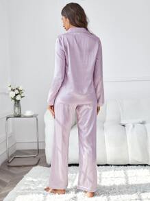 Snug Zone Conjunto de pijama de satén con bolsillo a rayas y ribete de contraste, ropa de otoño e invierno - Lila Púrpura - Ver 3