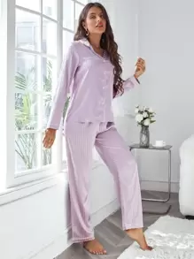 Snug Zone Conjunto de pijama de satén con bolsillo a rayas y ribete de contraste, ropa de otoño e invierno - Lila Púrpura - Ver 4