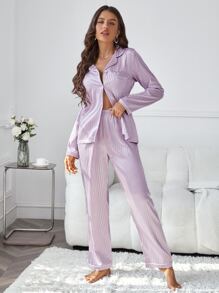 Snug Zone Conjunto de pijama de satén con bolsillo a rayas y ribete de contraste, ropa de otoño e invierno - Lila Púrpura - Ver 5