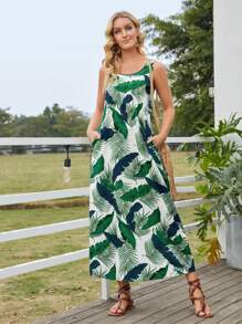 EMERY ROSE Tropical Print Slant Pocket Tank Dress - Green - View 3