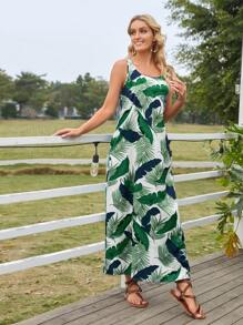 EMERY ROSE Tropical Print Slant Pocket Tank Dress - Green - View 1