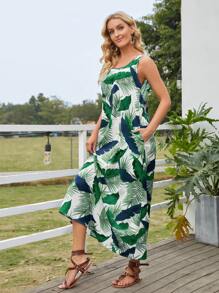 EMERY ROSE Tropical Print Slant Pocket Tank Dress - Green - View 5