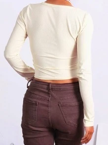 SHEIN EZwear Ribbed Knit Scoop Neck Crop Tee - Apricot - View 2