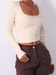 SHEIN EZwear Ribbed Knit Scoop Neck Crop Tee - Apricot - View 4