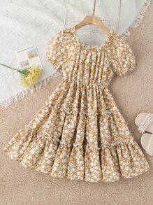 SHEIN Niñas Vestido floral de manga farol bajo con fruncido - Caqui - Ver 1