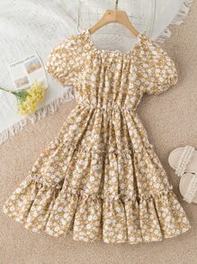 SHEIN Niñas Vestido floral de manga farol bajo con fruncido - Caqui - Ver 2