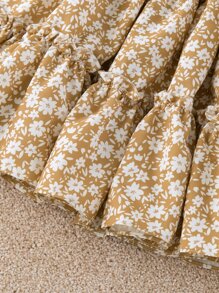 SHEIN Niñas Vestido floral de manga farol bajo con fruncido - Caqui - Ver 3