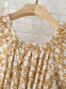 SHEIN Niñas Vestido floral de manga farol bajo con fruncido - Caqui - Ver 4