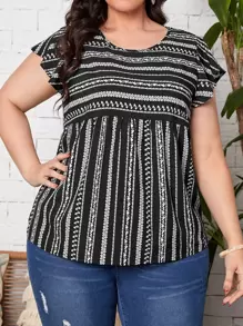 EMERY ROSE Plus Allover Print Ruffle Sleeve Blouse, Summer - Black and White - View 1