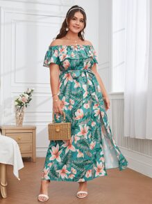 Plus Tropical Print Off The Shoulder Belted Split Hem Dress - Multicolor - View 1