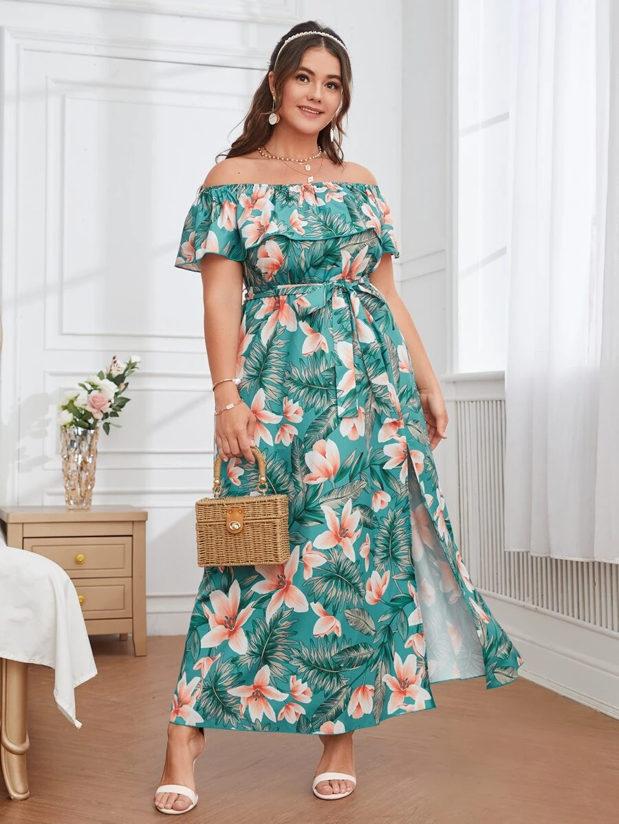 Plus Tropical Print Off The Shoulder Belted Split Hem Dress - Multicolor - View 1