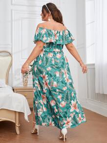 Plus Tropical Print Off The Shoulder Belted Split Hem Dress - Multicolor - View 2