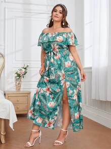 Plus Tropical Print Off The Shoulder Belted Split Hem Dress - Multicolor - View 3