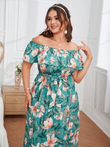 Plus Tropical Print Off The Shoulder Belted Split Hem Dress - Multicolor - View 4
