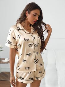 Eyelash & Heart Print Contrast Piping Satin Pajama Set - Multicolor - View 4