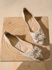 秋冬水钻与人造珍珠装饰尖头芭蕾平底鞋