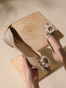 Rhinestone & Faux Pearl Decor Point Toe Ballet Flats - Khaki - View 3