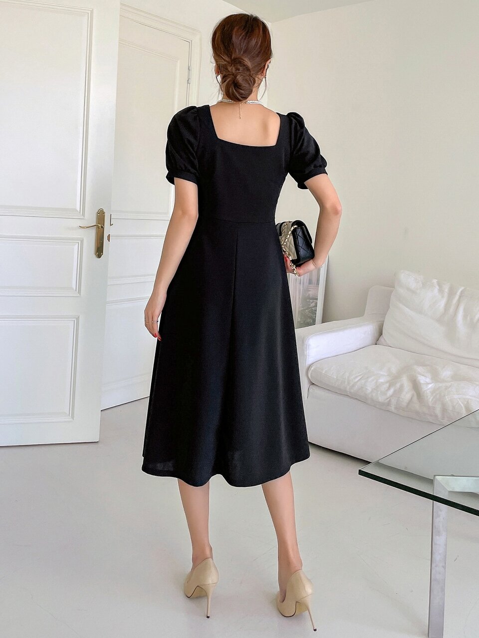 Square Neck Puff Sleeve Dress Summer Elegant,Ruffle,Back To School Clothes