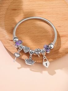 Lock & Key Charm Bangle - Silver - View 1