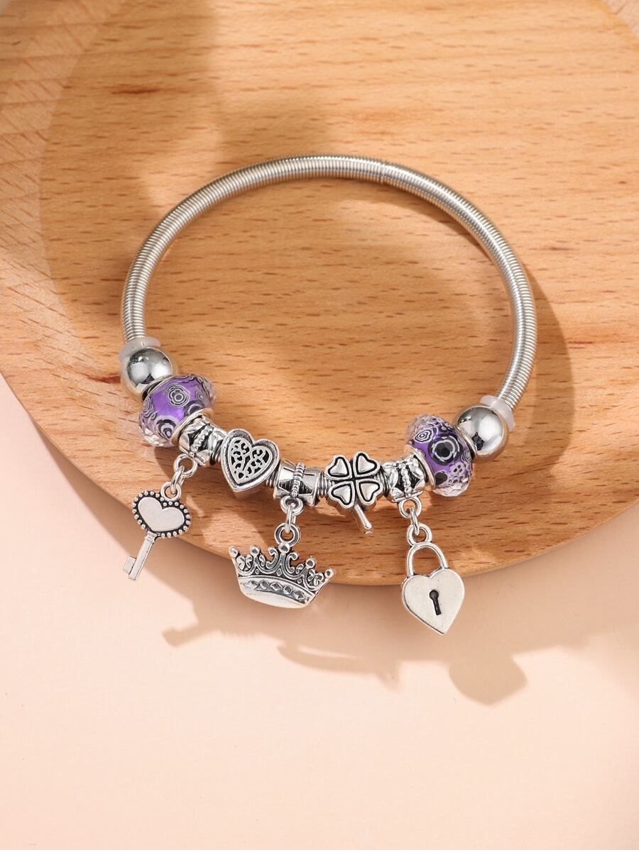 Lock & Key Charm Bangle - Silver - View 1
