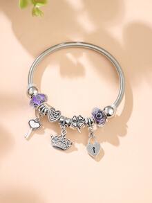 Lock & Key Charm Bangle - Silver - View 2