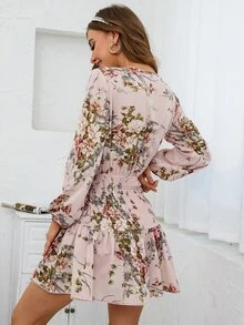 Floral Print Lantern Sleeve Tie Neck Shirred Ruffle Hem Dress - Baby Pink - View 2