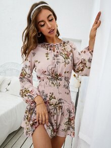 Floral Print Lantern Sleeve Tie Neck Shirred Ruffle Hem Dress - Baby Pink - View 3