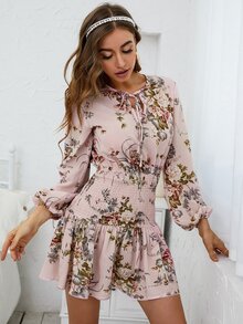 Floral Print Lantern Sleeve Tie Neck Shirred Ruffle Hem Dress - Baby Pink - View 5