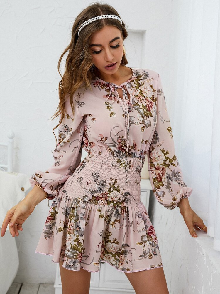 Floral Print Lantern Sleeve Tie Neck Shirred Ruffle Hem Dress - Baby Pink - View 5