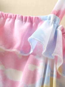 SHEIN Young Girl Tie Dye Ruffle Trim Cami Romper - Multicolor - View 4