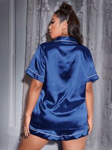LuxeNights Plus Contrast Binding Satin Pyjama Set - Royal Blue - View 2