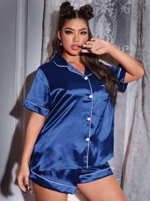LuxeNights Plus Contrast Binding Satin Pyjama Set - Royal Blue - View 4