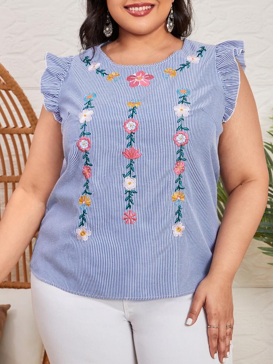 SHEIN Blusa de rayas con bordado floral fruncido - Azul - Ver 1